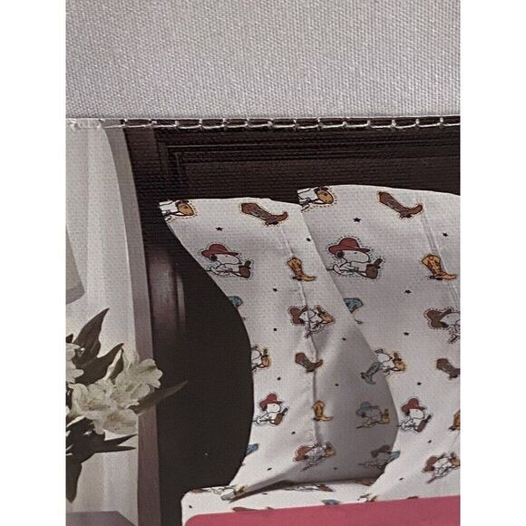 4 Pc PEANUTS Snoopy Cowboy QUEEN Sheet Set By Berkshire Super Soft White NEW - Picture 8 of 12